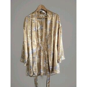 Vintage Victoria's Secret  Satin Gold Rose Build In Belt Kimono Robe One Size